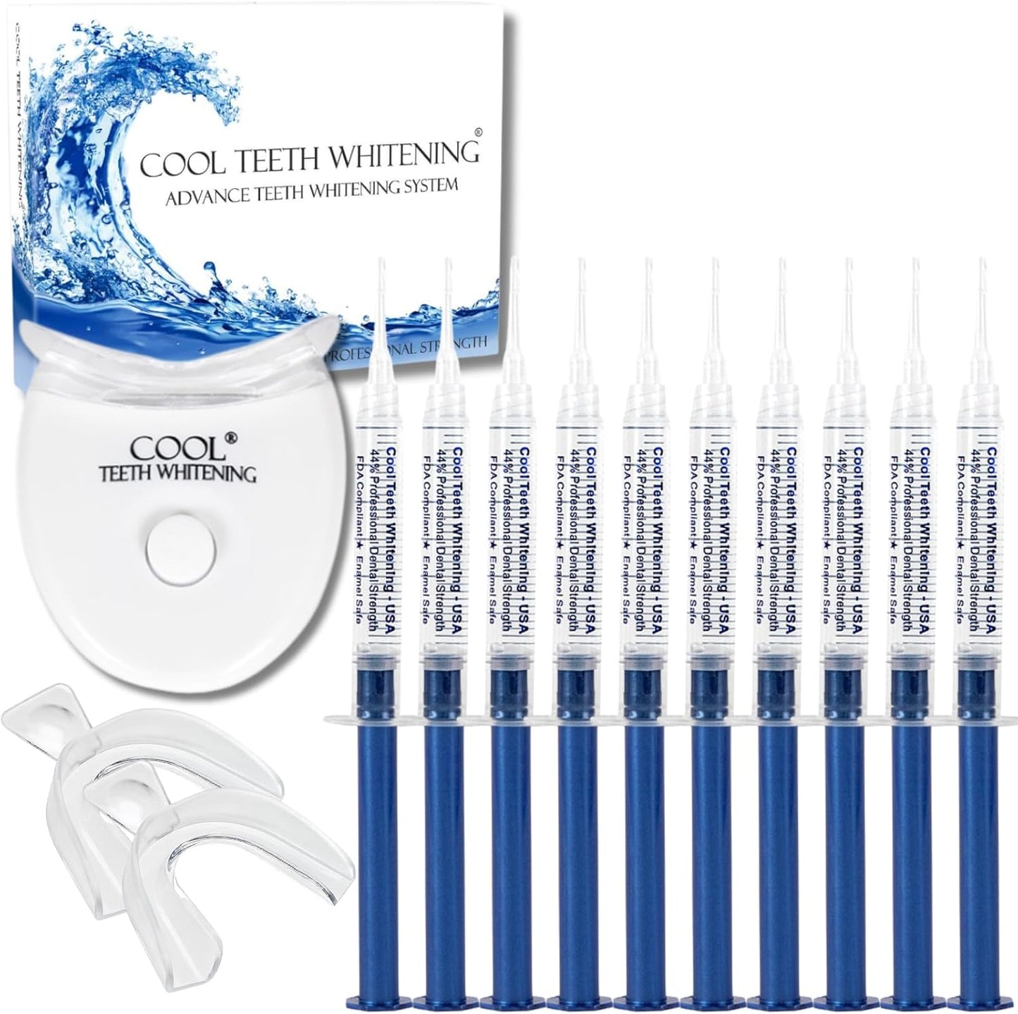 Teeth Whitening Kit 10 Syringes Strongest 44% Carbamide Peroxide Vegan Teeth Whitening Gel, Light and Teeth Bleaching Trays Included