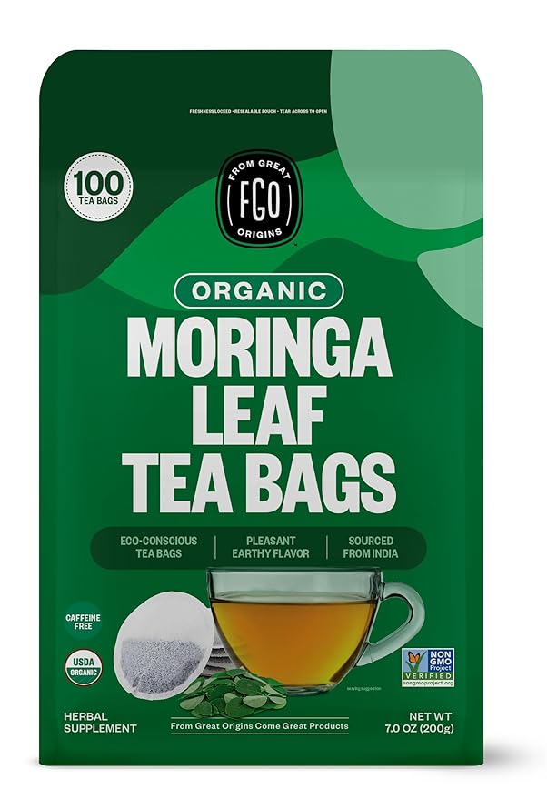 FGO Organic Moringa Tea, 100 Count, Eco-Conscious Tea Bags, Resealable Bag, Caffeine Free, Packaging May Vary (Pack of 1)