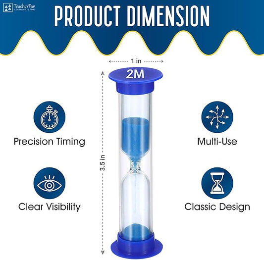 Sand Timer for Kids - 2 Minute Set of 4 Hour Glass -Blue Color- Acrylic Covered for Classroom, Home & Kids Room