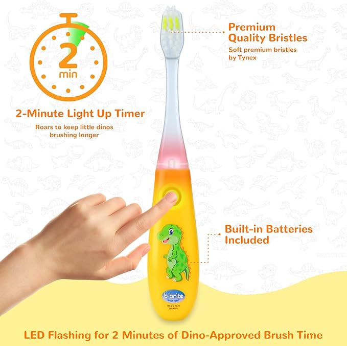 Lily's Home Kids Toothbrush with Flashing Timer and Soft Bristles, Rinsing Cup & Cover - Fun 2-Min Light-Up Timer for Children - Toddler Soft Toothbrush Kit (Dinosaur)