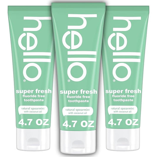 hello Super Fresh Fluoride Free Toothpaste, Toothpaste for Bad Breath, Helps Remove Surface Stains, Natural Spearmint, 3 Pack, 4.7 Oz Tubes