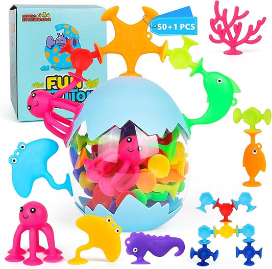 50 Pieces Suction Bath Toys for Kids Age 3+, Baby Silicone Ocean Animal Sucker Toys with Dinosaur Eggshell, Sensory Travel Window Toys for Toddlers, Stress Release Gifts for Boys Girls Ages 4-8