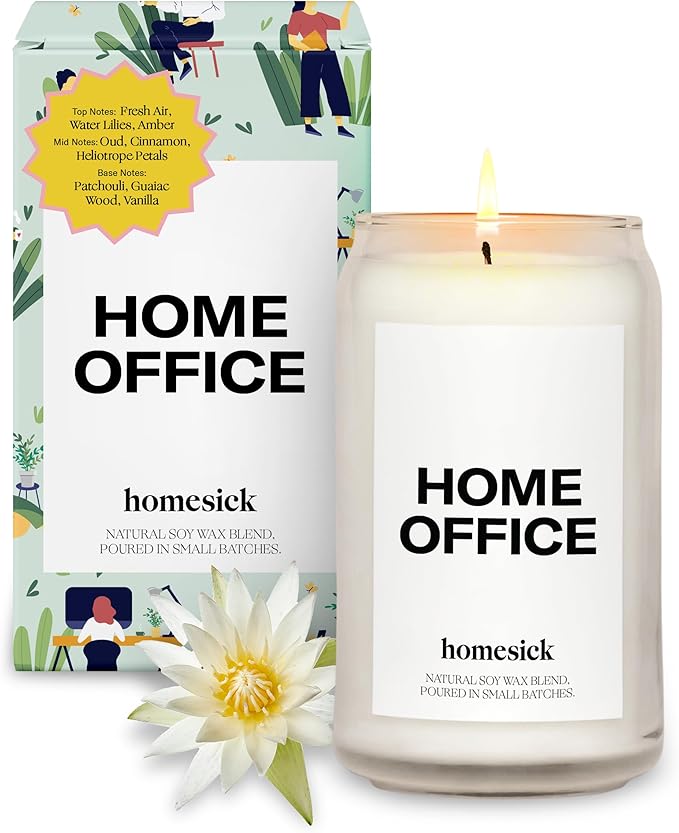 Homesick Scented Candles for Home (Home Office) - 13.75 oz Long-Lasting Natural Soy Wax Blend Jar Candle Gifts for Women & Men, 60-80 Hours Burn Time - Notes of Fresh Air, Water Lilies & Amber