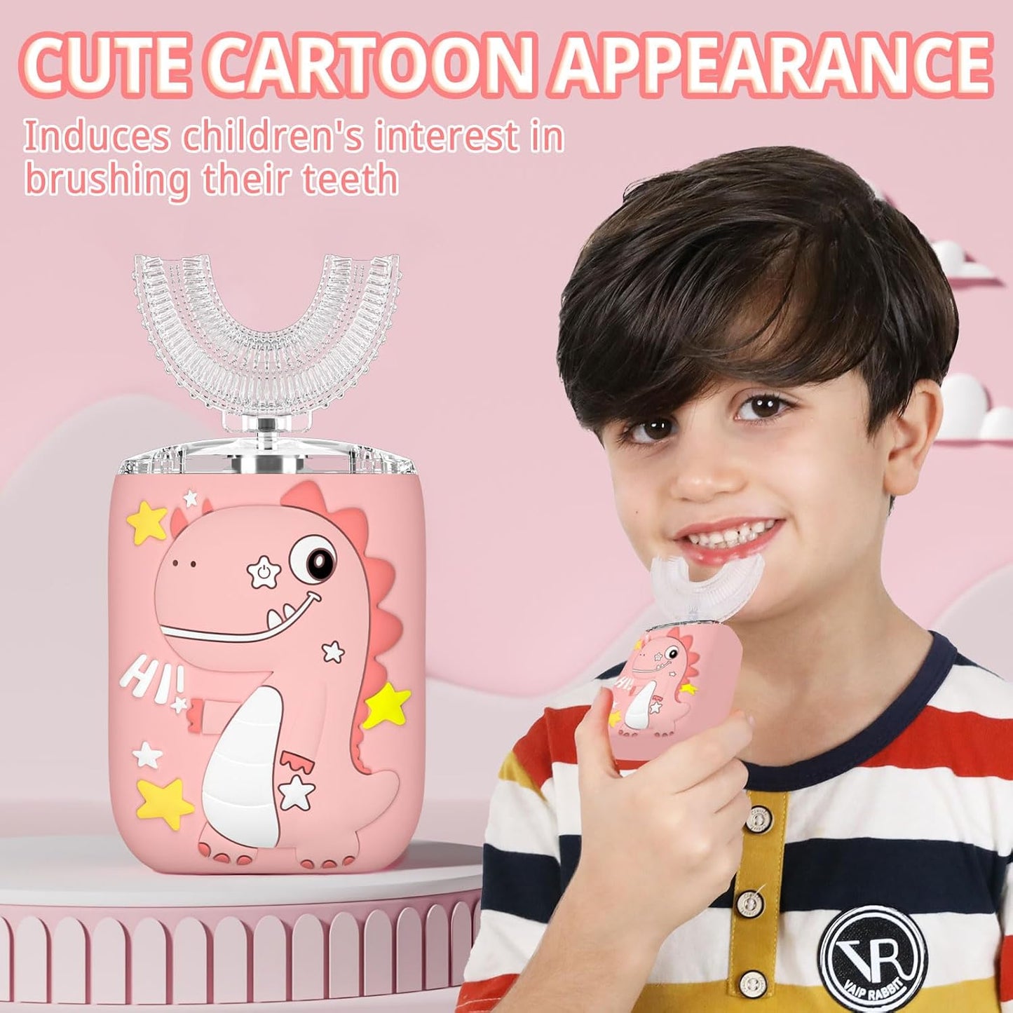 Kids Electric U Shaped Toothbrush,Kids Dinosaur Sonic Full Mouth Toothbrush with 4 Soft Brush Head Automatic 6 Cleaning Modes IPX7 Waterproof 360 Degree Cleaning - Age2-7 Pink