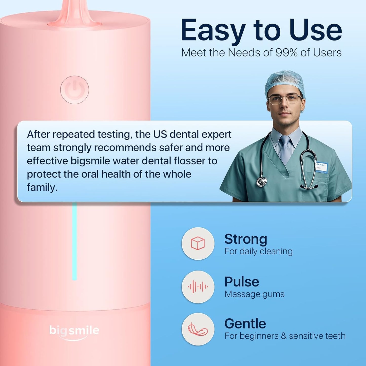 Bigsmile Water Flosser for Teeth, Electric Oral Irrigator, Cordless Water Flosser, USB Rechargeable, IPX7 Waterproof, Effectively Maintain Oral Cleanliness and Health (Pink)