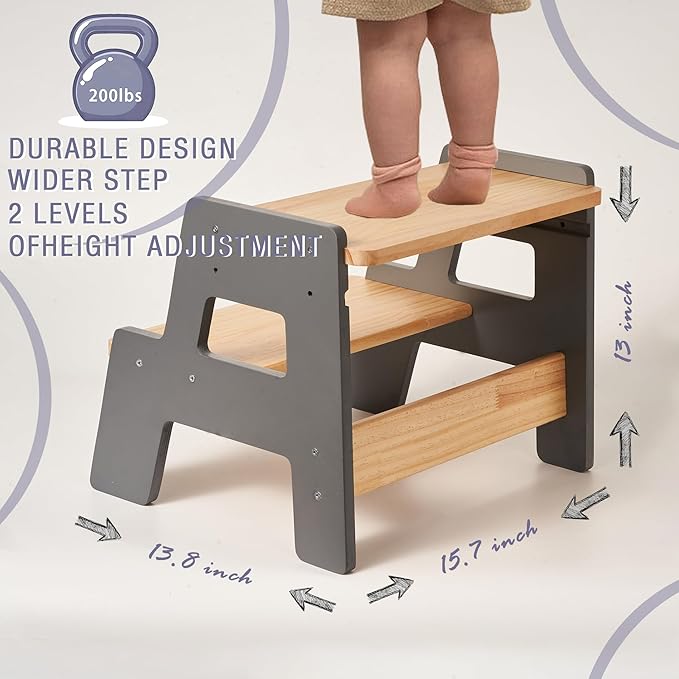 Toddler Step Stool for Kids - Height Adjustable Non-Slip Wooden Step Stool for Bathroom Sink, Kitchen & Potty Training 2-Step - Grey