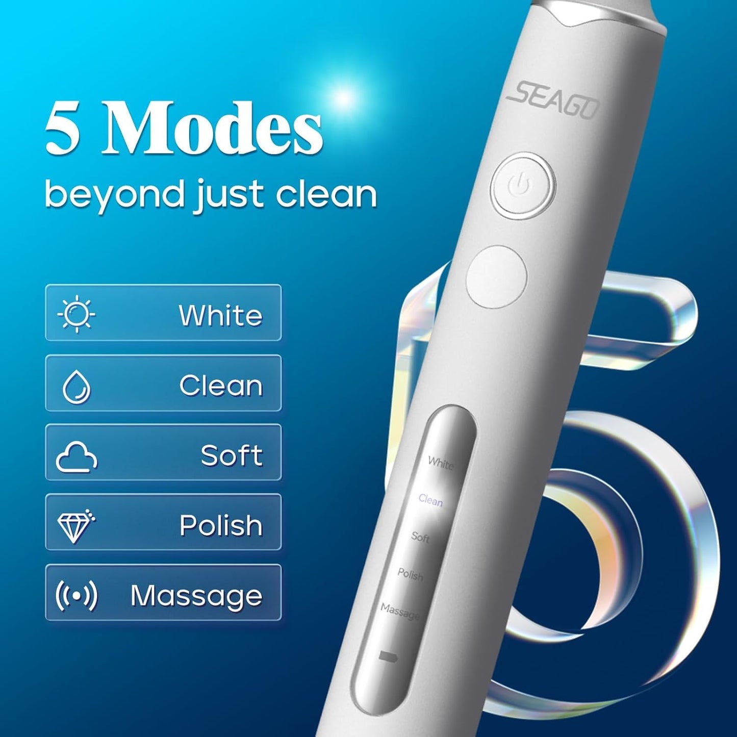 SEAGO Rotating Electric Toothbrush with 8 Round Brush Heads, with 5 Cleaning Modes, Sonic Technology Whitening Teeth in 14 Days, for Adult and Kids, SG-2603 (White)