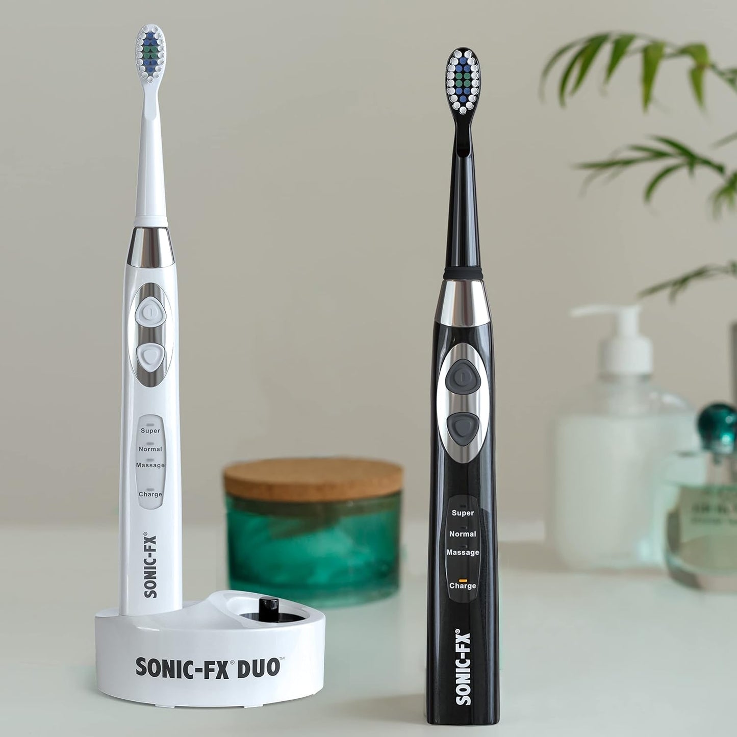 Sonic-FX Duo Rechargeable Electric Toothbrush Set - with 14 Brush Heads, 3 Modes, Smart Auto-Timer, Charging Dock Holder - Dual Handle Electric Tooth Brush for Adults & Kids, Black and White