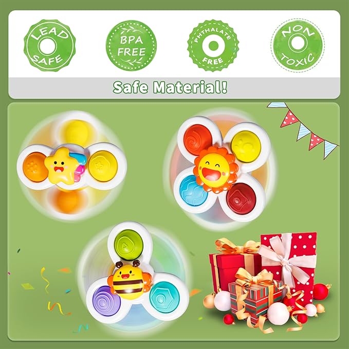 ALASOU 3PCS Pop Suction Cup Spinner Toys for 1 Year Old Boy Girl|Novelty Spinning Tops Toddler Stocking Stuffers|Baby Bath Toy for Kids Ages 1-3|1 Year Old Boy Christmas Birthday Gift for Infant