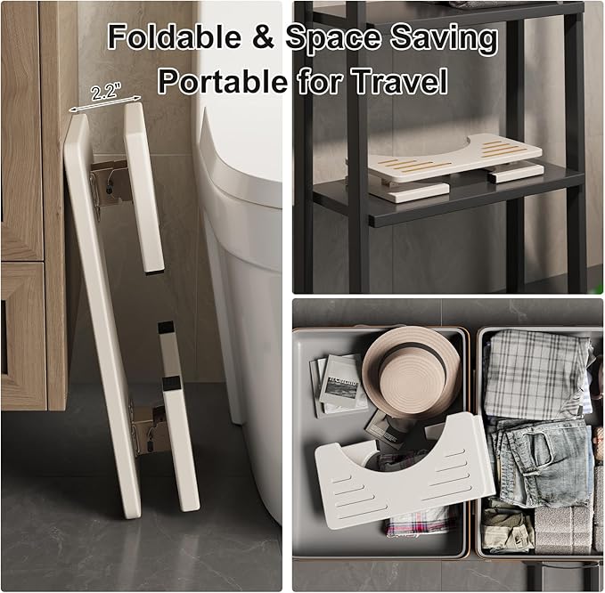 2 Pcs Foldable Toilet Stool Squat Adult, Portable Squatting Potty Stool for Travel, Wood Poop Stool for Adults & Kids, Toilet Steps for Bathroom, White