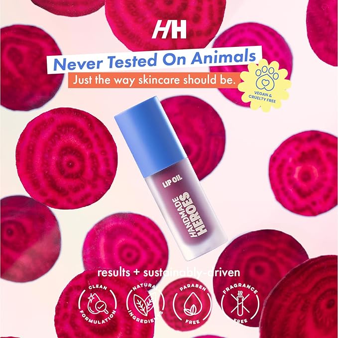 Handmade Heroes 100% Natural Vegan Lip Oil with Squalane Non-Sticky Lip Gloss Moisturizing, Shiny, Nourishing Korean Lip Gloss - Sweet Beet