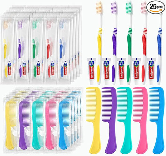 Disposable Toothbrushes with Toothpaste and Comb in Bulk, Individually Wrapped Soft Bristle Travel Size Basic Hygiene Kits, for Travel Hotel Camping Charity Homeless Shelter Donation in 5 colors (25)