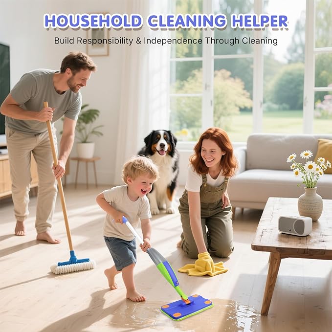 Kids Spray Mop,Real Working Toddler Cleaning Set, Mini Mop, Kid Vacuum - Spray Bottle,Scraper, Washable Microfiber Pads, Montessori Cleaning Toy Set,Toy for Kids Toddlers Ages 3+