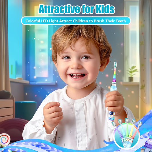 Kids Electric Toothbrush Toddler Toothbrush Age 2-4-8-12 Electric Toothbrush Kids with Timer Rainbow LED Light Up Vibrating Toothbrush Battery Operated Childrens Sonic Tooth Brush (Astronauts Blue)