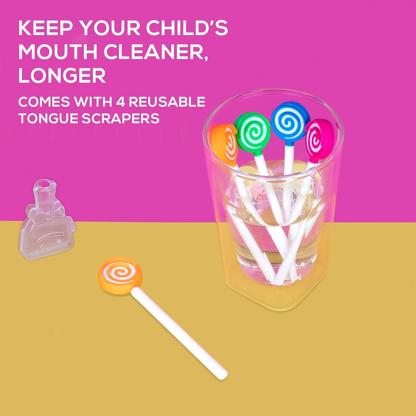 Kids Tongue Scraper or Cleaner Set – BPA-Free Plastic Dental Scrapers Helps Freshen Bad Breath, Remove Gunk – Multicolored with Easy-to-Grasp Handles and Brush Covers by 55Dental, Ages 2+ (Orange)