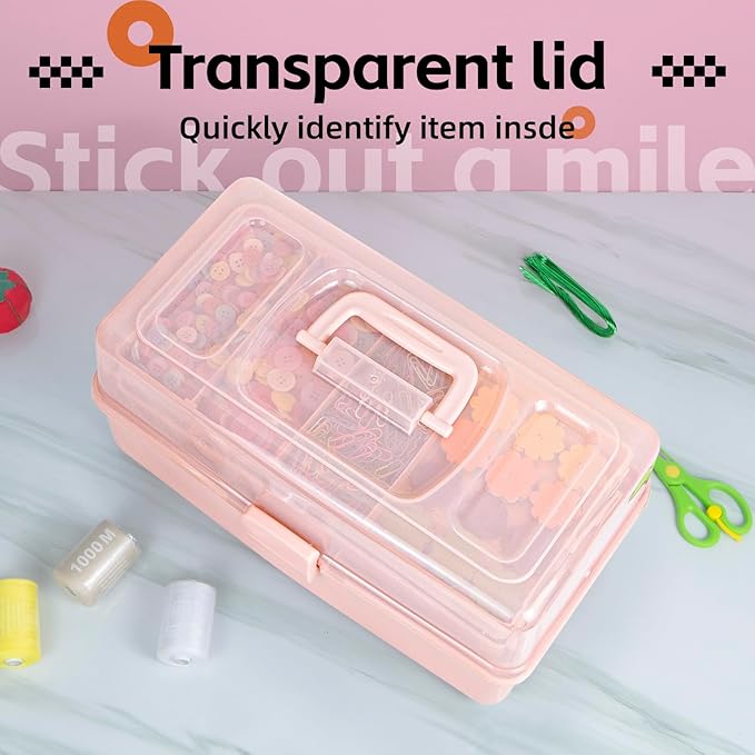 14in 3-Layer Multipurpose Craft Organizers and Storage with Adjustable Dividers, Portable Tackle Box, Folding Art & Craft Case for Medicine, Tool, Sewing Organizer (Pink, X-Large)