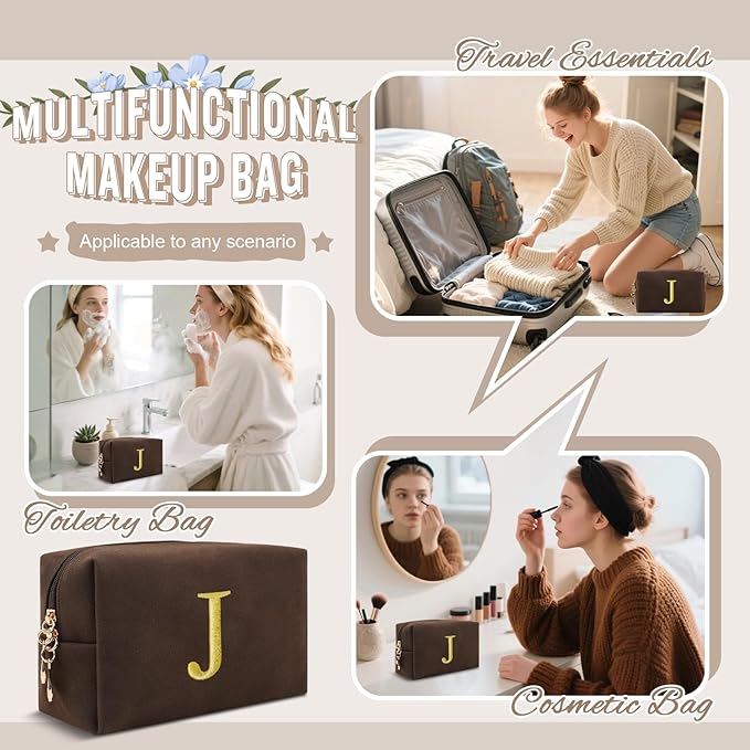 Personalized Initial Makeup Bag,Preppy Suede Cosmetic Bag for Teen Girls,Small Monogram Travel Toiletry Bag With Gold Embroidered Letter,Trendy Stuff Custom Christmas Gift for Women(Coffee-J)