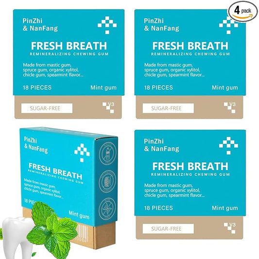 Yukviqou Remineralizing Chewing Gum, Organic Natural Mastic Mint Gum Sugar-Free Fresh Breath for Enamel Care Teeth & Gum Health 4 Boxes