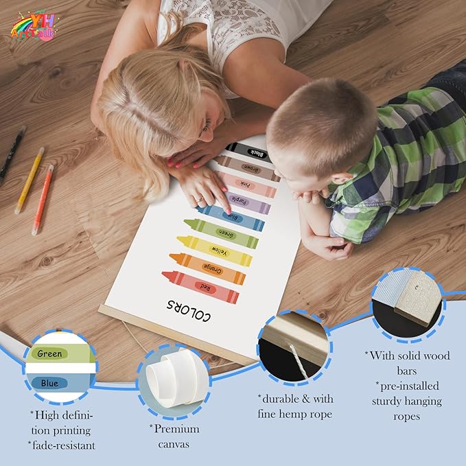 YOUHONG Educational Art Classroom Decor Color Poster - 12x15.7 Inch Kids Wall Art with Wooden Rods - Preschool Classroom Decor Learning Educational Posters for Toddlers (Easy Hang Rope Included)