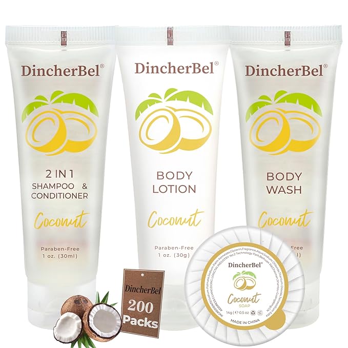 Hotel Amenities 200-Piece Travel Kit: Soap, Shampoo & Conditioner 2 in 1, Body Wash and Body Lotion Bulk Mini Kits for Toiletry Bags - Trial Size Bars & Sets