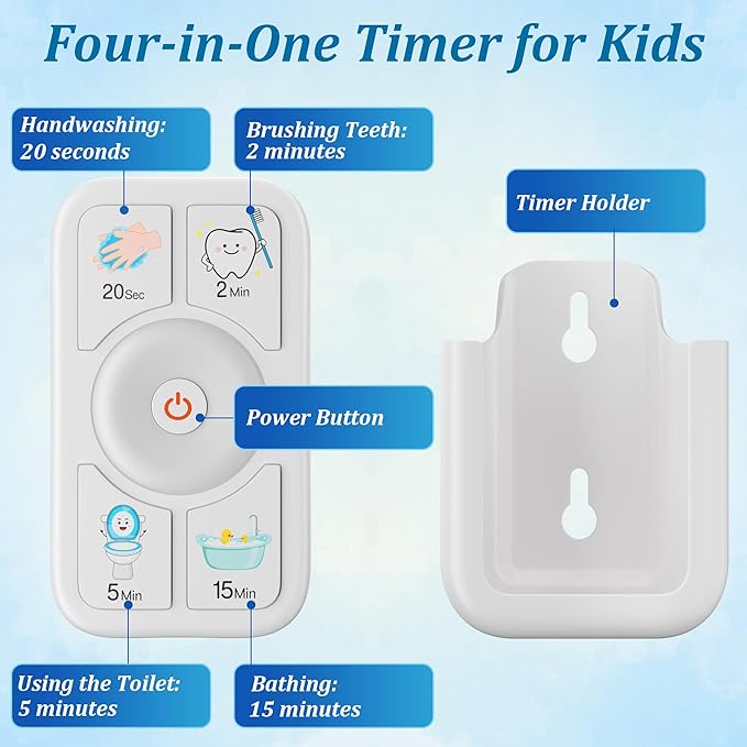 Timer for Kids Brushing: 2 Minutes Teeth Brush 20 Seconds Hand Washing 5 Min Toilet 15 Min Shower, Time Management Tool for Children - 2pcs White