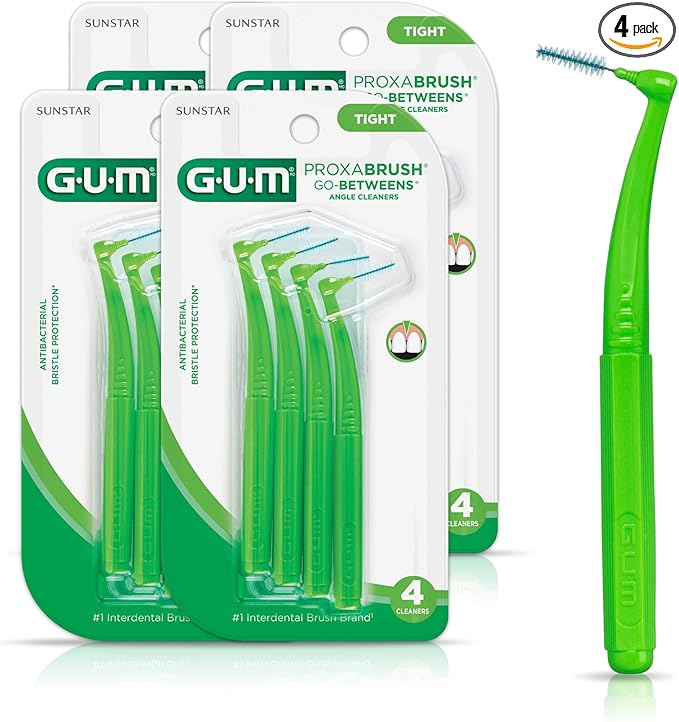 GUM Proxabrush Go-Betweens - Angled- Interdental Brushes - Soft Bristled Dental Picks for Plaque Removal Health - Safe for Braces & Dental Devices, 4 Count (Pack of 4)