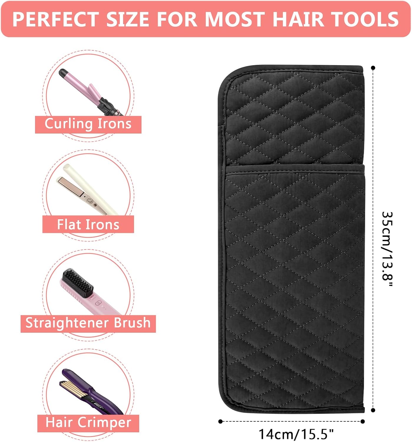 Heat Resistant Hair Tools Organizer Bag Portable Travel Storage Cover Case for Hair Straighteners, Curling Irons, Flat Irons and Hot Styling Tools(13.8" x 5.5")