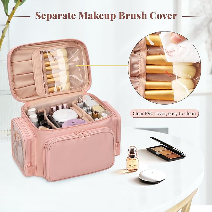 Large Makeup Bag, Portable Travel Makeup Bag Organizer for Women Girls with Makeup Brush Compartment & Two Side Pockets, Cosmetic Travel Bag Vertical Storage Toiletry - Pink