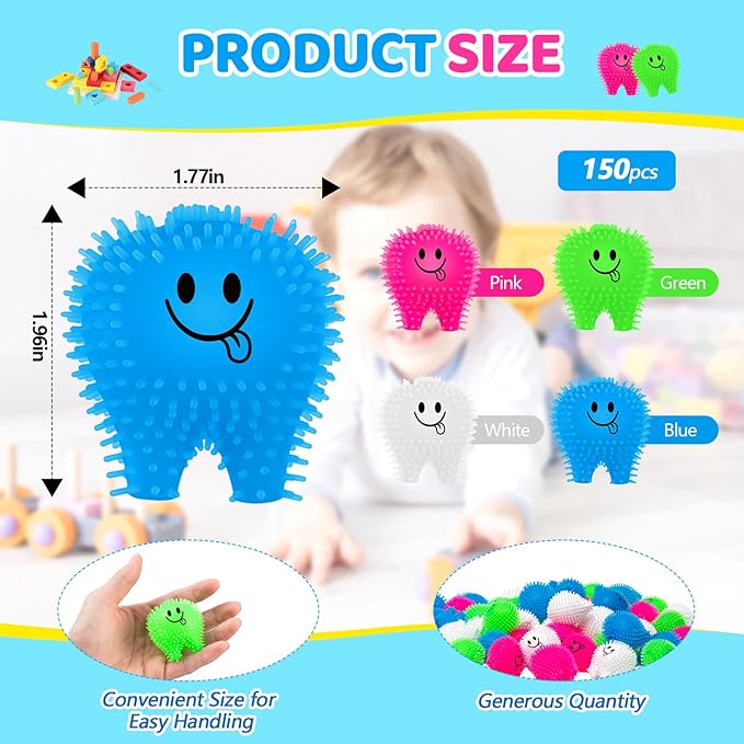 150 Pcs Mini Tooth Toys Fidget Stress Relief Puffer Squeezy Dental Dentist Toys Birthday Party Gifts School Office Prizes, 2 Inch (Multicolored)