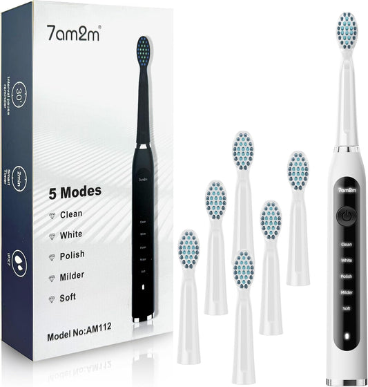 7AM2M Sonic Electric Toothbrush for Adults High Power Rechargeable Toothbrushes with 6 Brush Heads,5 Adjustable Modes, Built-in 2-Minute Smart Timer,3 Hours Fast Charge for 45Days White