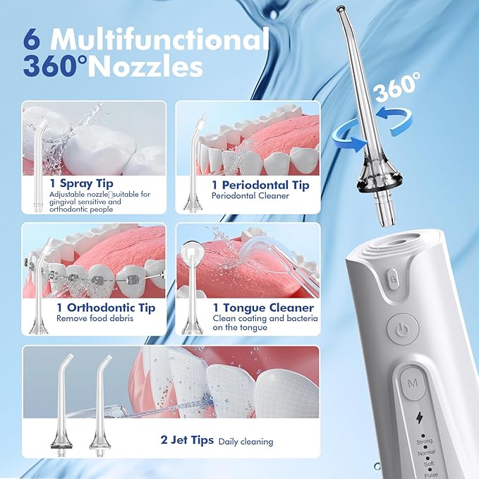 Water Flosser Teeth Pick: 5 Modes Cordless Water Dental Floss 300ML Portable Rechargeable IPX7 Waterproof Electric Water Flossing Cleaning Picks with 6 Jet Tips Oral Irrigator Cleaner, White