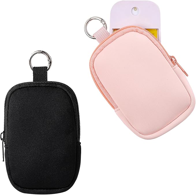 2Pcs Small Makeup Bag,Mini Portable Travel Cosmetic Bag,Soft Neoprene Makeup Pouch with Zipper,Fashion Accessory with Snap Hook,Cute Coin Purse Lipstick Cosmetic Travel Organizer(Black+ Light Pink)