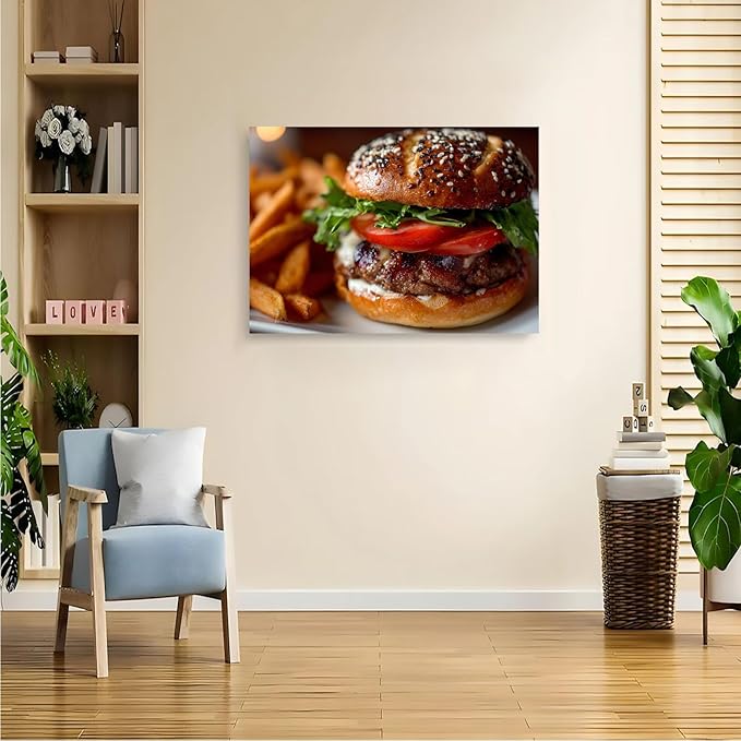 SchindlerBang Large Kitchen Wall Art,Delectable Burger Painting,Bold Decor for Restaurants,Home Kitchens,or Foodie Spaces,Vibrant Print,16x24inch Ready to Hang