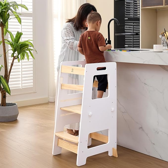 WOOD CITY Kitchen Step Stool - Safe Montessori Standing Tower for Kids with Safety Rail, Height Adjustable Toddler Ideal Helper for Learning New Skills, Anti-Slip Protection for Bathroom - White