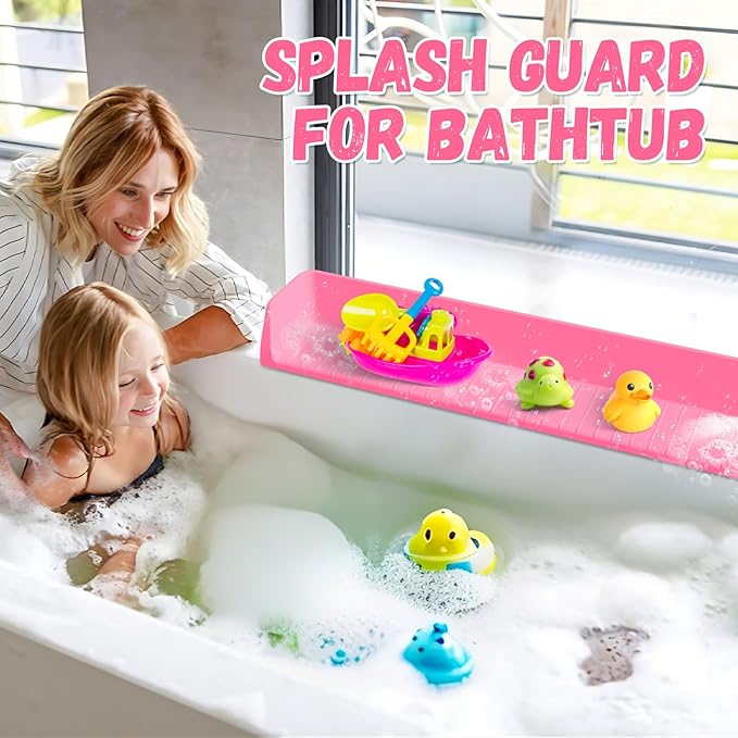 Splash Guard for Bathtub Kids - Silicone Bathtub Splash Guard with 11 Suction Cups, Bath Tub Play Shelf for Kids & Toy Holder, Prevent Water Spill in Bathroom, Fun Bath Time for Toddlers Baby, Pink