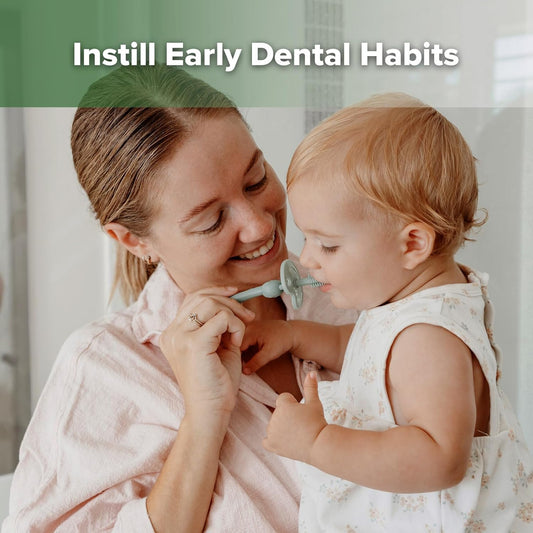 haakaa 360° Baby Toothbrush with Suction Base - Gentle Cleaning for Infant Self-Brushing Training, Food-Grade Silicone, Adjustable Safety Shield - Pea Green (1 Piece)