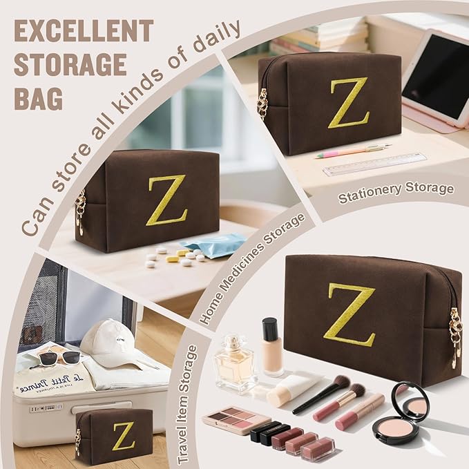 Personalized Initial Makeup Bag,Preppy Suede Cosmetic Bag for Teen Girls,Small Monogram Travel Toiletry Bag With Gold Embroidered Letter,Trendy Stuff Custom Christmas Gift for Women(Coffee-Z)