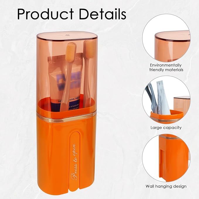 Toothbrush Travel Case, Portable Toothbrush Toothpaste Container with Mouthwash Cup, Wall Mounted Toobrushbrush Holder for Bathroom, Camping, Gym (Orange)