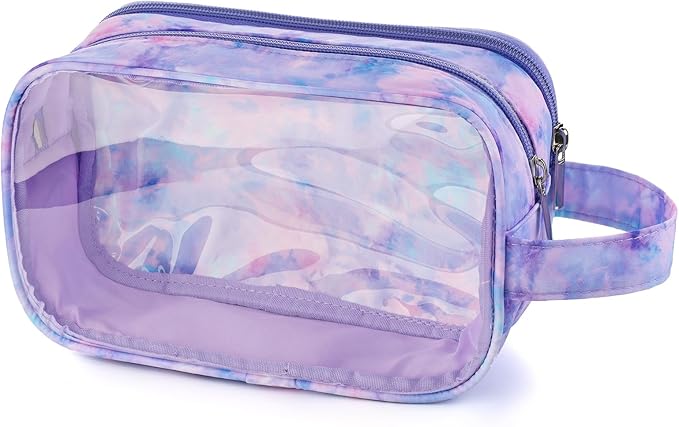 Kids Toiletry Bag for Girls, Travel Clear Toiletry Bag for Little Young Girls Cosmetic Bag Makeup Bag Waterproof Hanging Toddler Wash Bag, Purple Tie Dye