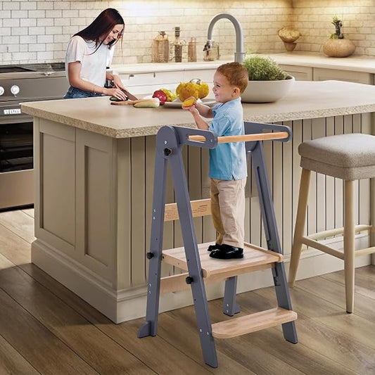 Foldable Toddler Kitchen Stool Helper - Adjustable Height Folding Toddler Standing Tower, Kids Helper Stool with Safty Rail for Kitchen Counter Bathroom (Grey)