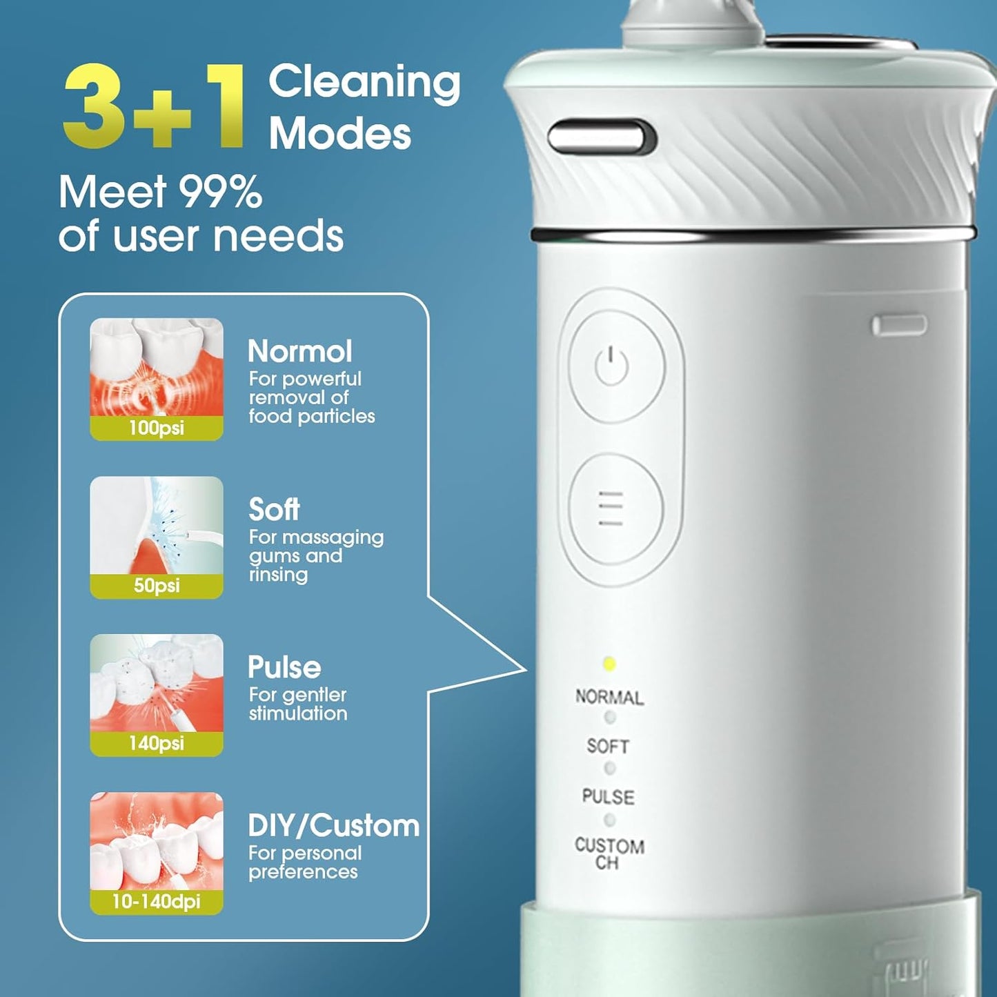 HANGSUN Water Flossers for Teeth, Cordless Compact Travel - Deep Plaque Removal, 30 Days Battery, 3+1 Modes (DIY 8 Levels), 6 Nozzles for Braces/Sensitive Gums, IPX7, 180ml Collapsible Tank, Green