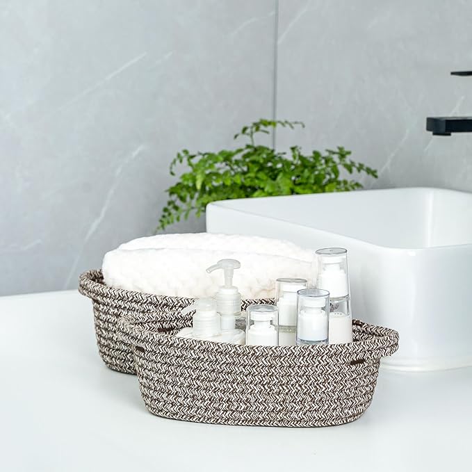 CubesLand Small Cotton Rope Storage Basket Set 5, Shelves Baskets for Organizing with Handle, Decorative Closet Storage Bins for Countertop Toilet Paper Basket for Toilet Tank Top,Mixed Brown Basket