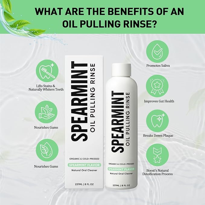 Spearmint Oil Pulling Rinse – with Organic Cold-Pressed Coconut Oil ＆ Mentha Haplocalyx Oil, Natural Mouthwash for Fresh Breath, Healthy Gums & Teeth Whitening, 8 fl oz (1)