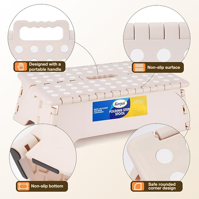 Korpai 5" Folding Step Stool for Adults and Kids 15-Inch Extra Wide Stool Holds Up to 300 lbs,Non-Slip Folding Stools with Handle,Compact Plastic Foldable Step Stool for Bathroom,Kitchen,ect, Khaki