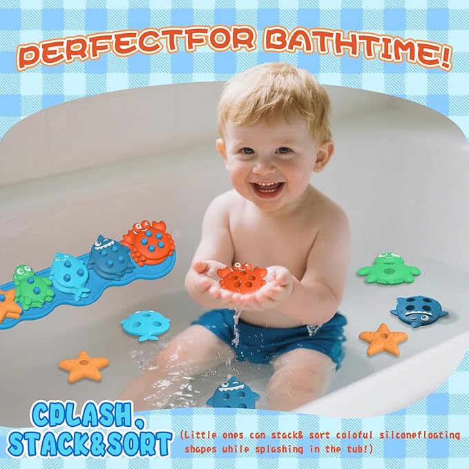 Suction Baby Bath Toys, Mold Free Silcone Shape Sorting & Stacking Bathub Toy, Sensory Toys & Best Gift for Toddlers 3 4 5 Early Learning Bathtub Fun (Ocean Animal)