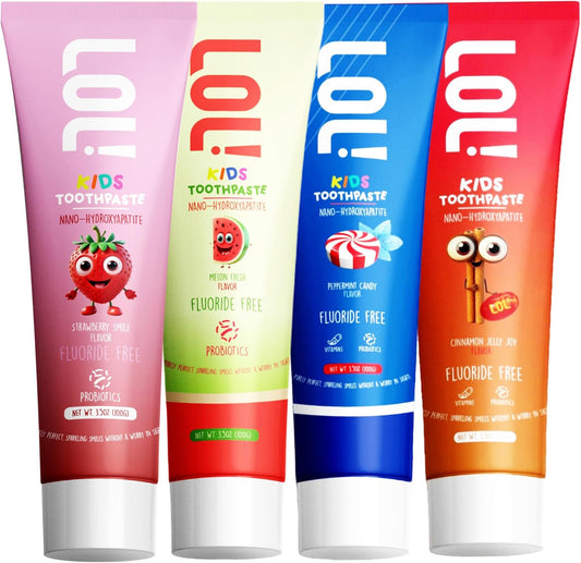 LOL Kids Toothpaste | Fluoride Free 4-Flavors Pack | Nano Hydroxyapatite Toothpaste, Probiotics, Vitamins A, C, E | Safe if Swallowed, No SLS | 1 Strawberry, 1 Melon Flavor, 1 Peppermint, 1 Cinnamon