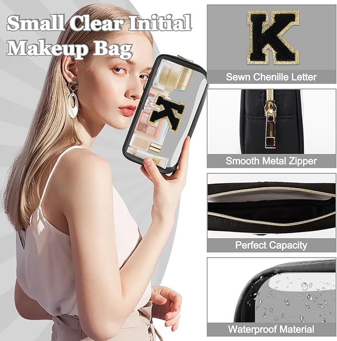 Small Clear Personalized Initial Makeup Bag,Nylon Preppy A-Z Chenille Letter Patch Cosmetic Pouch Beach Toiletry Bag,Waterproof Zipper Travel Purse Storage Bag Organizer for Women Girls(Black-Black K)