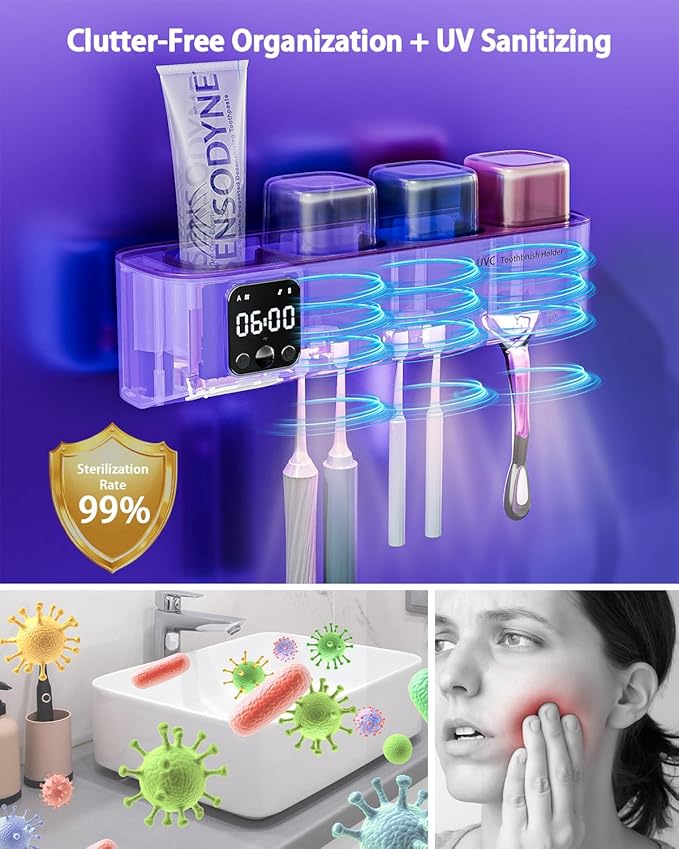 Toothbrush Holders Wall Mounted for Bathrooms, Toothbrush Holder - Smart Home & Bathroom Decor Tooth Brush Holders with 3 Cups, Features a Clock and auto Motion-Activated Night Light