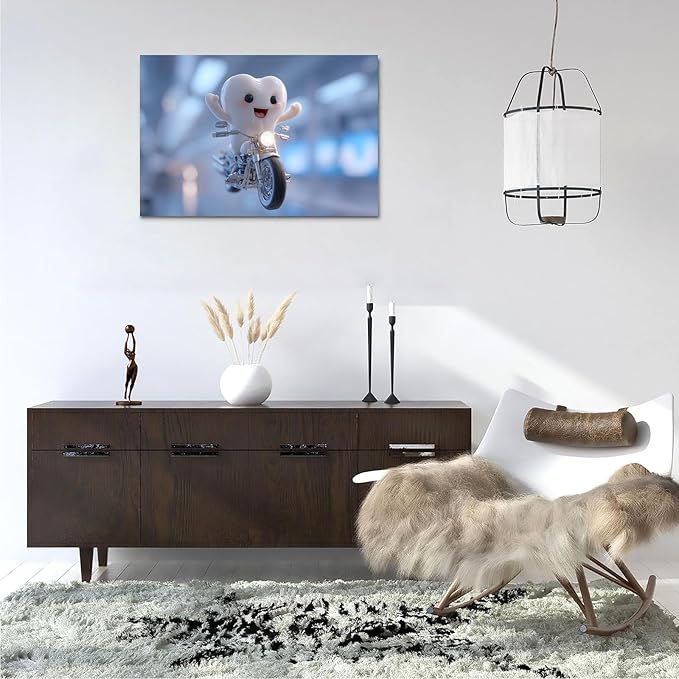 SchindlerBang Medical Picture for Clinic Office,Whimsical Tooth Motorcycle Art,Fun Dental Decor for Walls,Kids' Spaces,or Gifts,Bright and Cheerful,16x24inch Ready to Hang