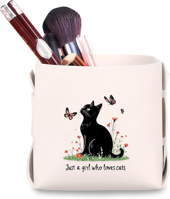 Cat Makeup Brush Holder, Decorative Desk Organizer for Jewelry Pen Pencil Glasses Storage, Cat Lovers Themed Gifts Stuff For Girls Teens Kids Women!